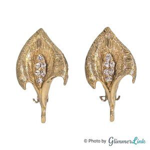 Vintage Dodds Textured Calla Lily Rhinestone Gold Tone Clip On Earrings